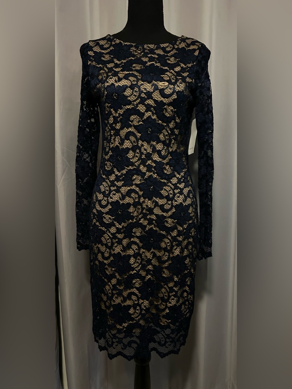 Karen Kane Womens Navy Blue Lace Over Nude Lining Dress Size Small Long Sleeves